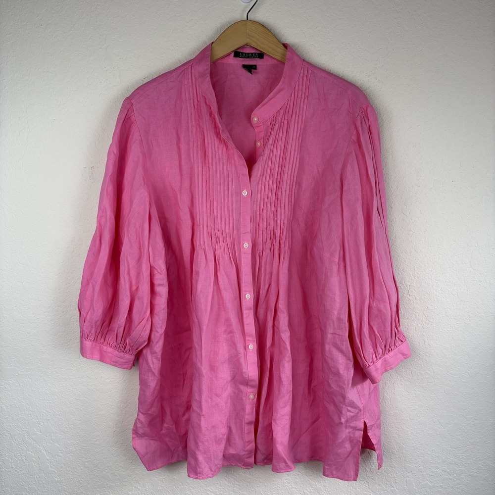Lauren Ralph Lauren 3x 100% Linen Blouse Pintuck Pink Puff Sleeve Button Cottage
